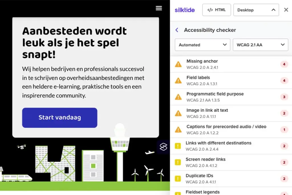 Screenshot van de Accessibility-plugin Silktide met een overzicht van gevonden toegankelijkheidsfouten, waarschuwingen en concrete suggesties voor verbeteringen aan de website.