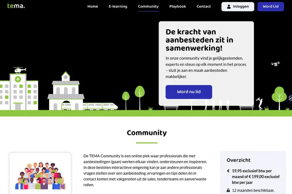 Screenshot van de ‘Community’-pagina op de TEMA-website, met een overzicht van community-onderdelen en bijbehorende prijsinformatie.