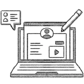 Een schets van een laptop, pen en spreekwolkje.