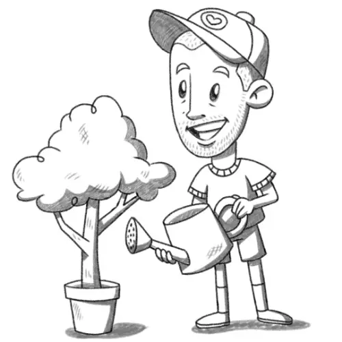 Illustratie van de Digital Soulmate die water geeft aan een middelgrote plant, symboliserend de ondersteuning en groei die het ‘Great Start pakket’ biedt.