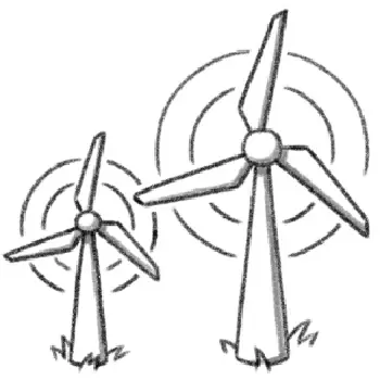 Een schets van twee windmolens.