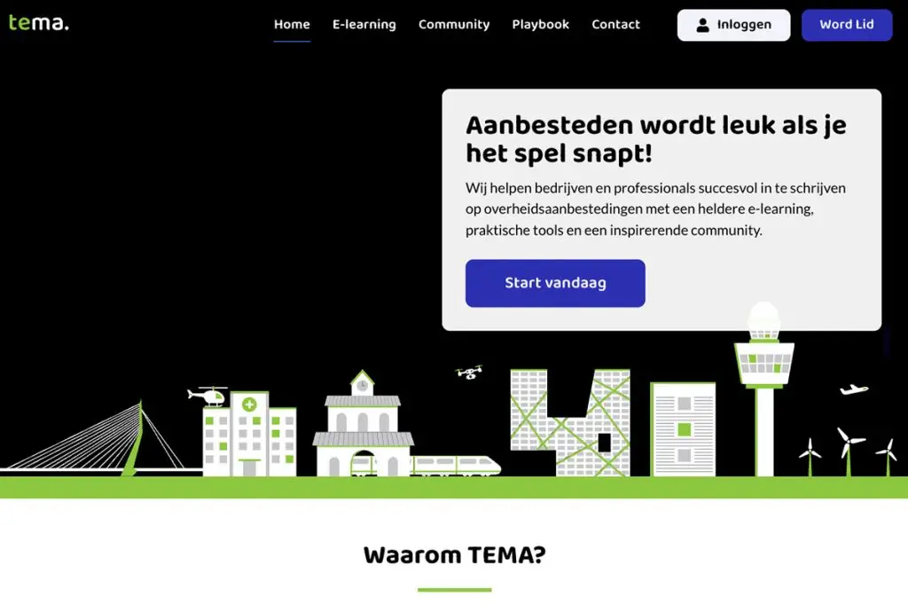 Screenshot van de homepage van de TEMA-website