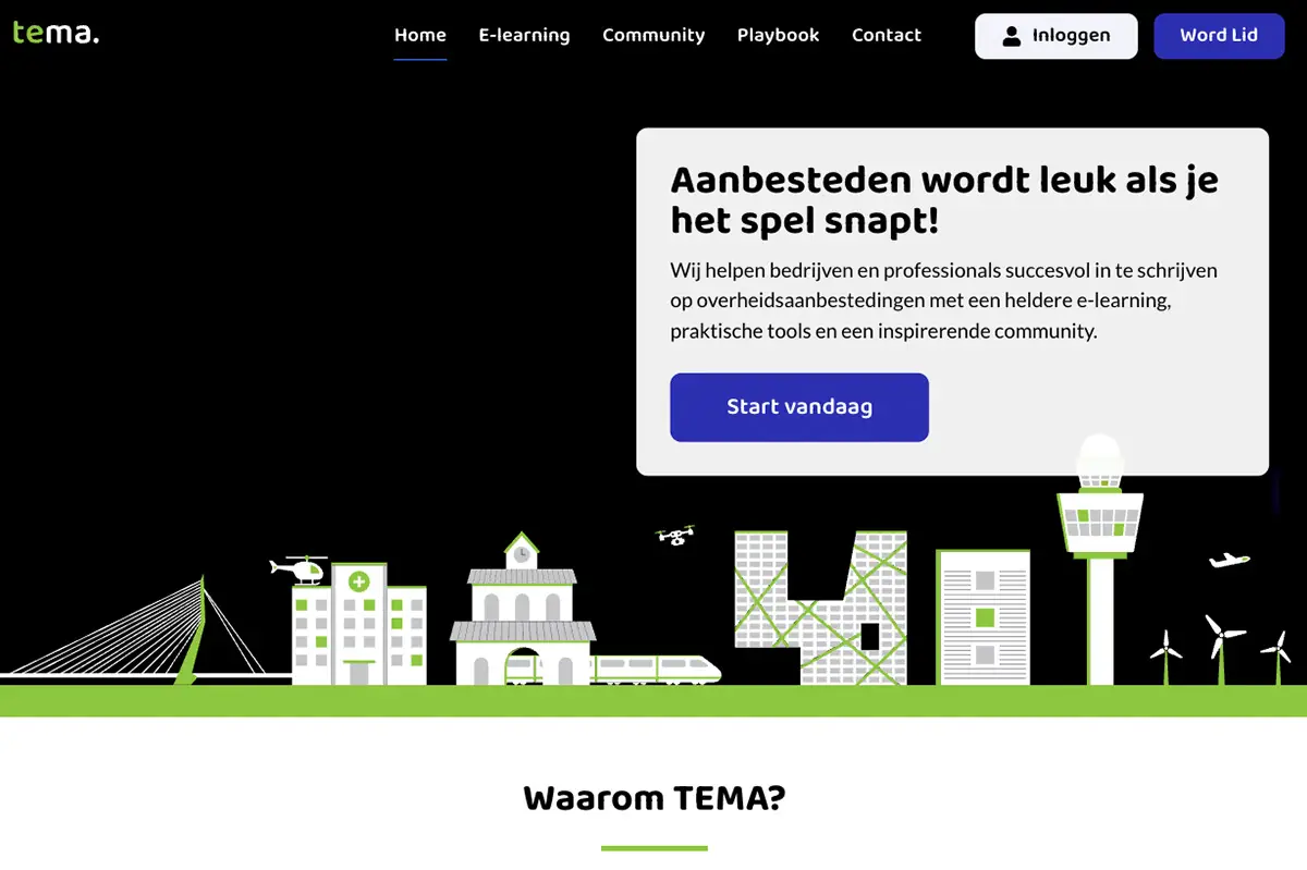 Screenshot van de homepage van de TEMA-website