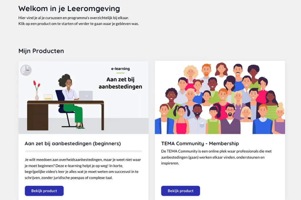 Screenshot van de TEMA leeromgeving met een overzicht van beschikbare producten, waaronder de cursus ‘Aan zet bij aanbestedingen’, en toegang tot de community.