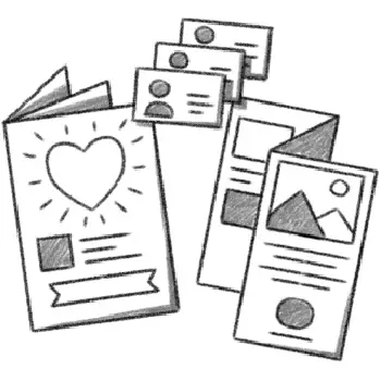 Een schets van een brochure, visitekaartjes en een flyer.
