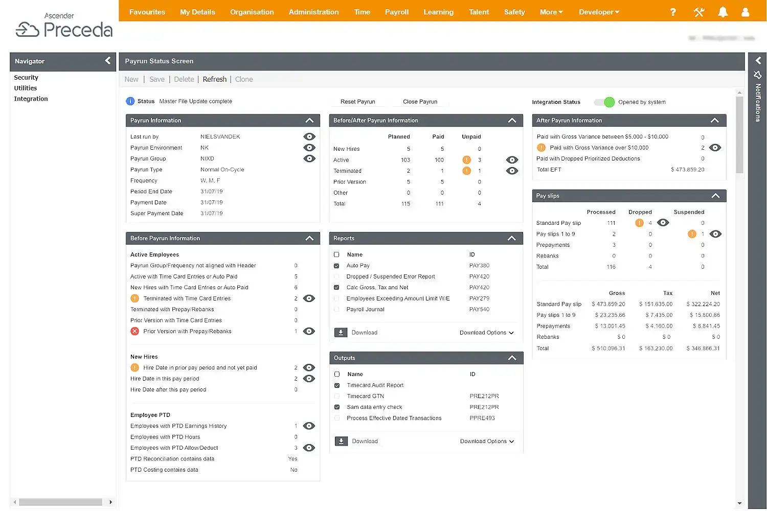 Screenshot van de Payrun Status-pagina met statistieken en informatie die tijdens een betaalrun worden weergegeven.