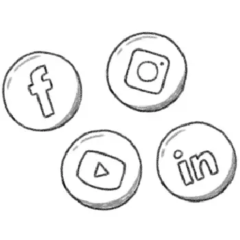 Een schets van de social media iconen facebook, instagram, youtube en linkedin.