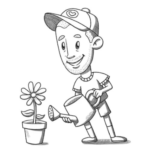 Illustratie van de Digital Soulmate die water geeft aan een kleine plant, symboliserend de ondersteuning en groei die het ‘Start-up pakket’ biedt.