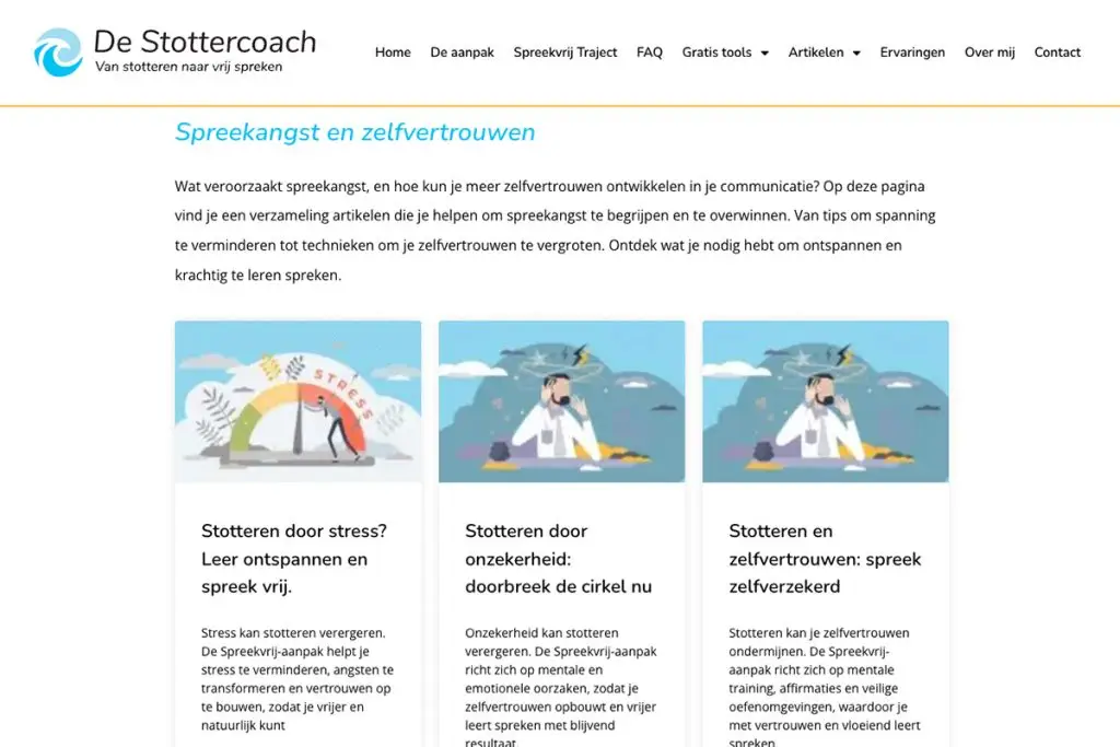 Screenshot van de artikelen overzichtspagina van De Stottercoach, met meerdere artikelen weergegeven in een gridweergave.