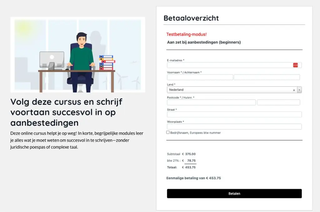 Screenshot van de betalingspagina van TEMA, met overzicht van cursusinformatie en invulvelden voor het afronden van de betaling.