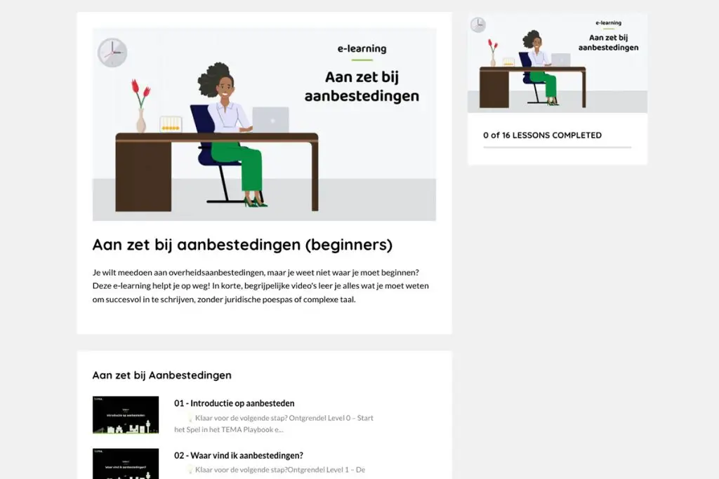 Weergave van de cursus ‘Aan zet bij aanbestedingen’ binnen Kajabi, inclusief cursusmodules, inhoudsoverzicht en navigatie-opties.