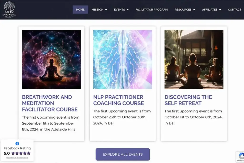 Screenshot van de evenementen-sectie op de Empowered Academy-website.