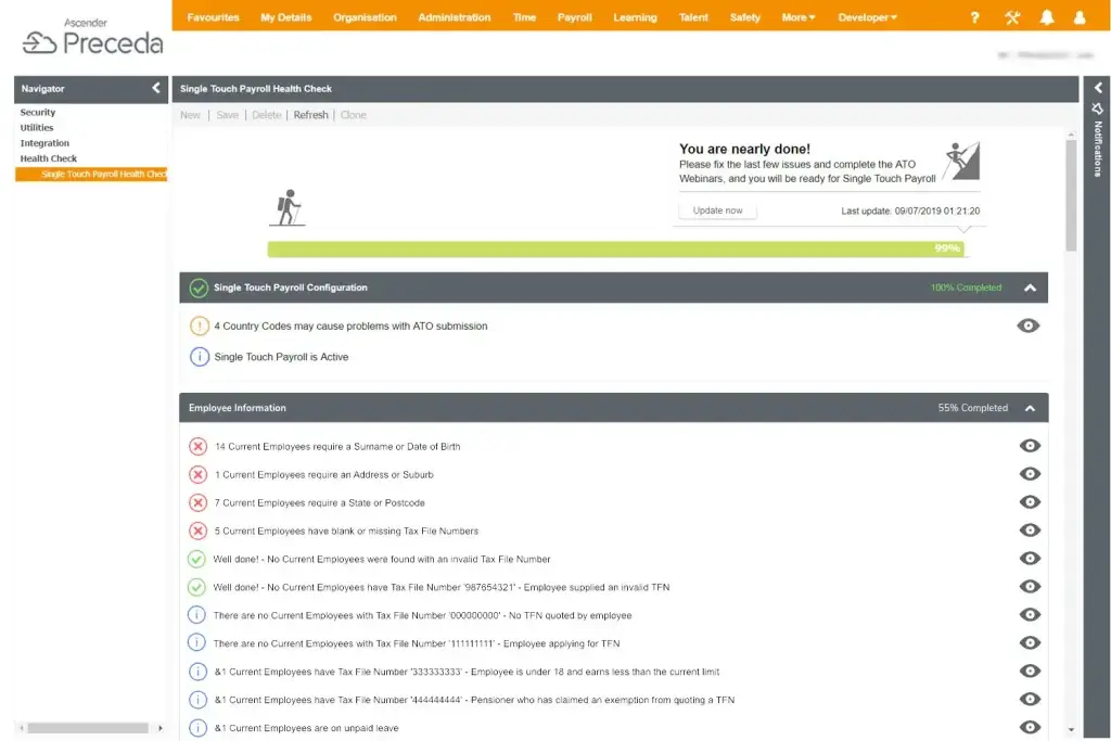 Screenshot van de Health Check-pagina met een overzicht van onjuiste gegevens, ontbrekende velden en ongeldige combinaties.