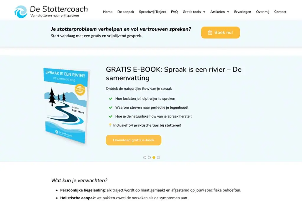Screenshot van de landingspagina van De Stottercoach met strategisch geplaatste call-to-actions.