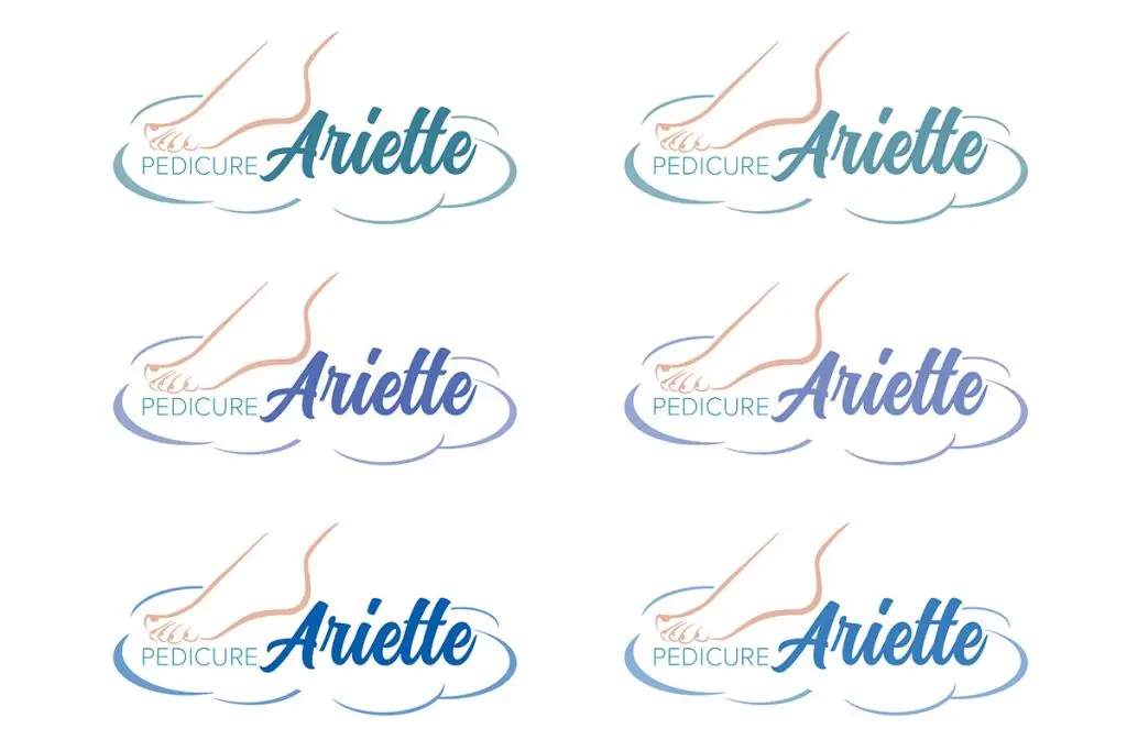 Pedicure Ariette-logo in zes kleuren, gebruikt voor het testen van visuele variaties.