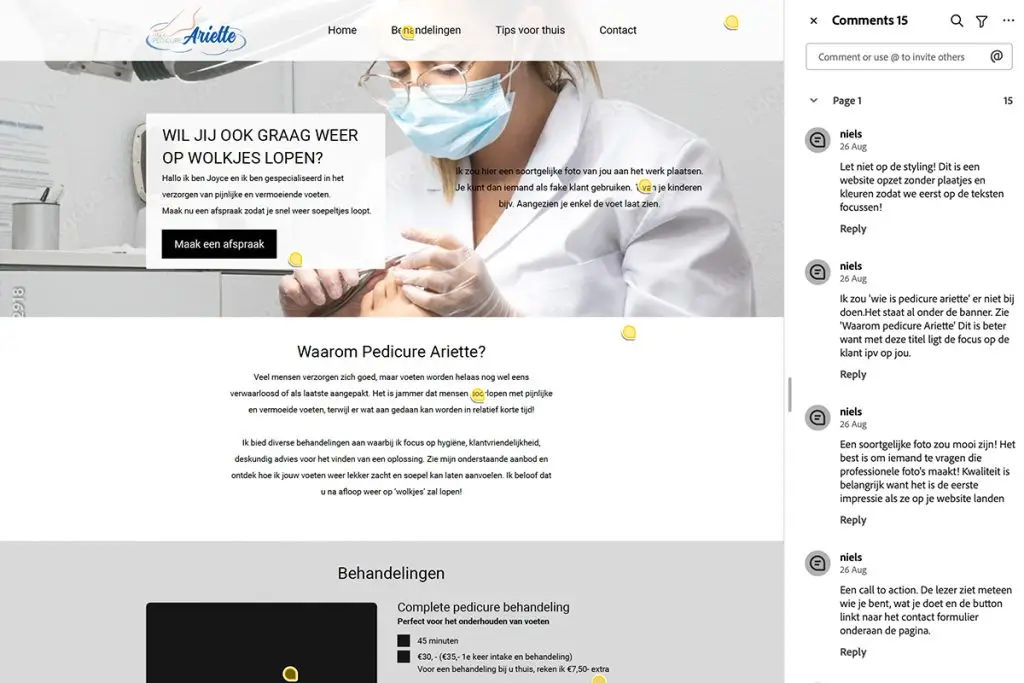 Low-fidelity ontwerp van de Pedicure Ariette website met basisstructuur en content suggesties.