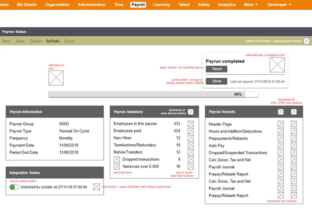 Screenshot van een mid-fidelity prototype van het payrun-statusscherm.