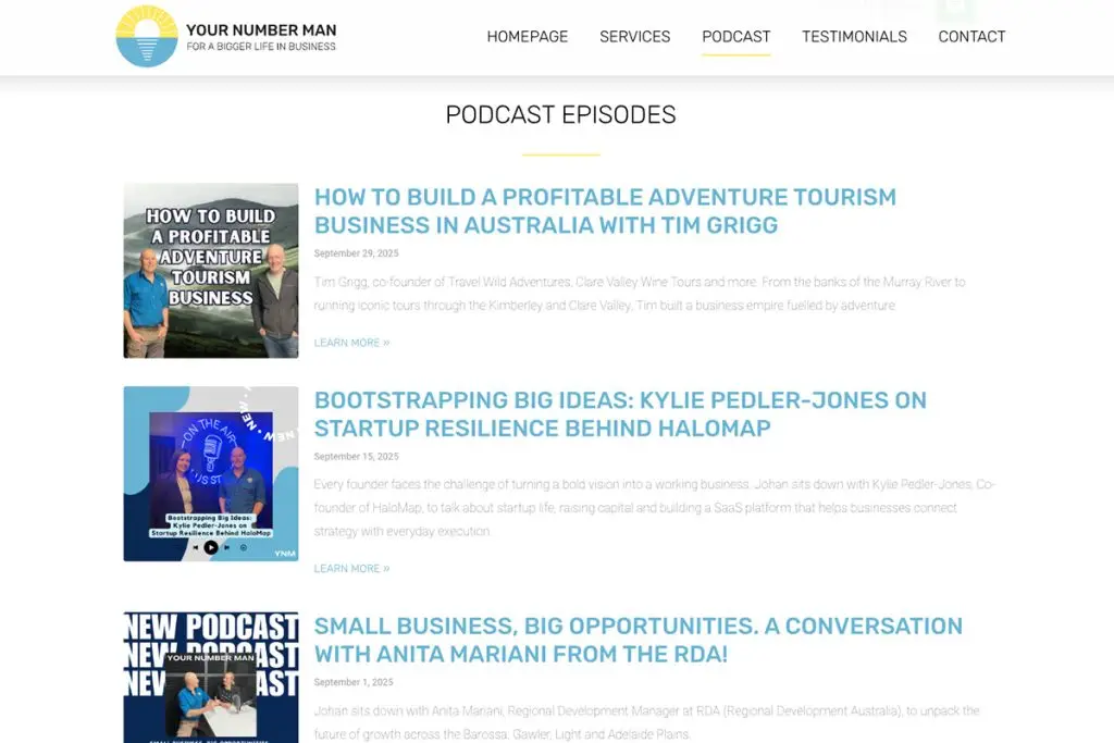Screenshot van de podcast-overzicht episodepagina van Your Number Man, met meerdere episodes weergegeven in een lijstweergave.