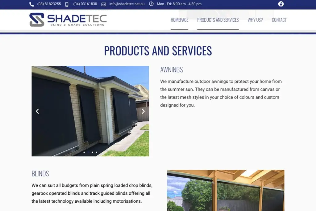 Screenshot van de pagina 'Products and Services' van Shadetec, met foto’s van zonweringen en jaloezieën