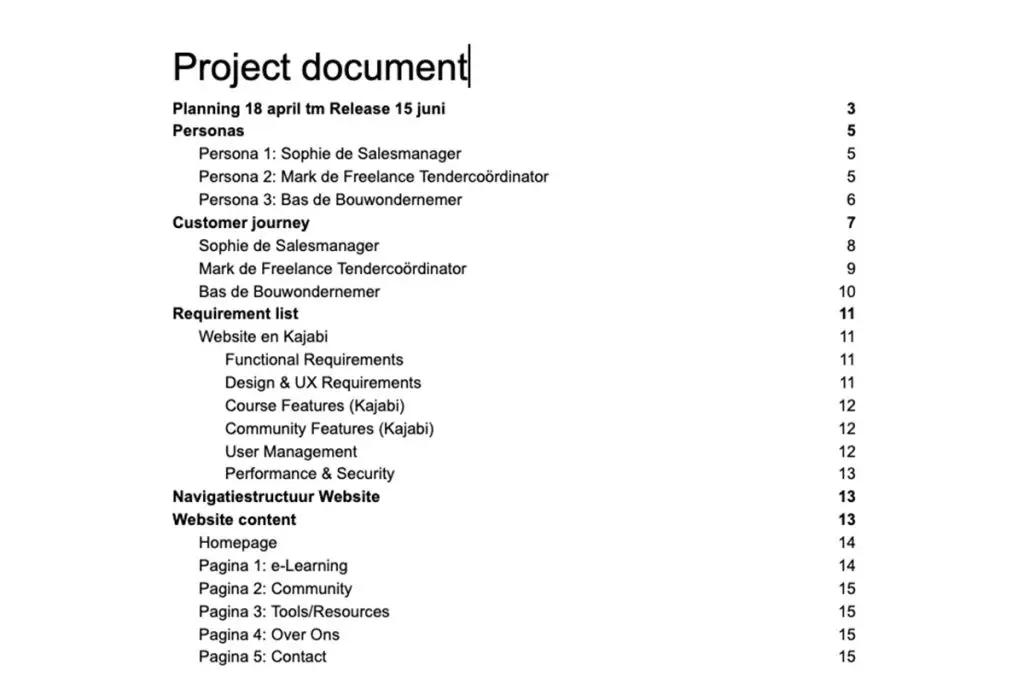 Screenshot van de inhoudsopgave van het Google Doc-projectdocument, met secties zoals persona’s, customer journey, requirementslijst, navigatiestructuur en websitecontent.