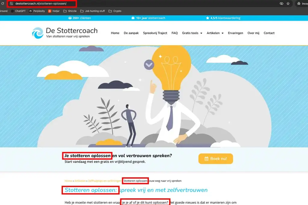 Pagina 'Je stotteren oplossen' van De Stottercoach, geoptimaliseerd voor zoekmachines.