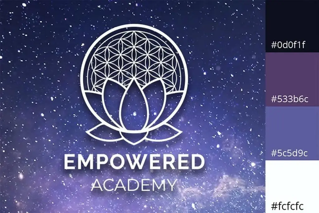Brandingweergave van de Empowered Academy met het logo (flower of life en lotus) en vier bijbehorende huisstijlkleuren