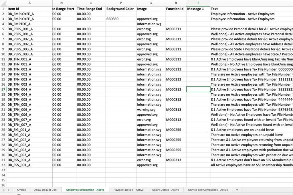 Screenshot van een Excel-sheet met invoerdata voor het Health Check-scherm.