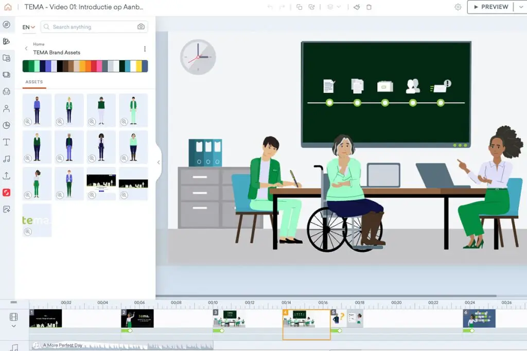 Screenshot van de animatietool Vyond met een geopende scene, zichtbare assets en de animatietijdlijn voor het bewerken van animaties.