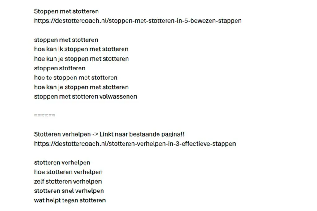 Een Word-bestand met verschillende combinaties van zoekwoorden