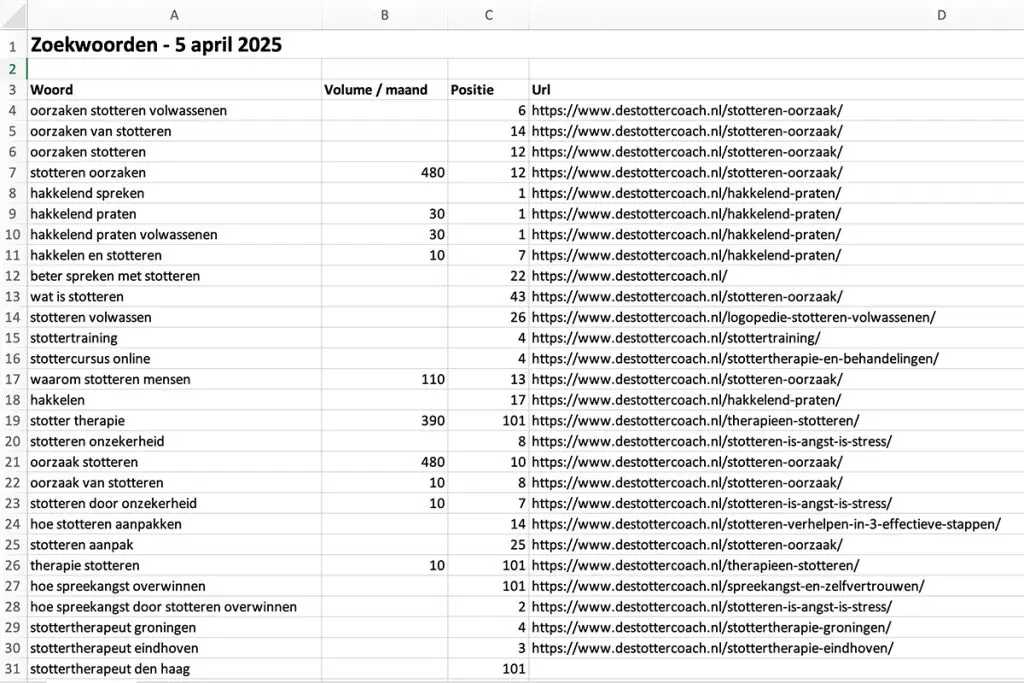 Een overzicht van alle zoekwoordcombinaties, het maandelijkse zoekvolume en onze positie in Google.