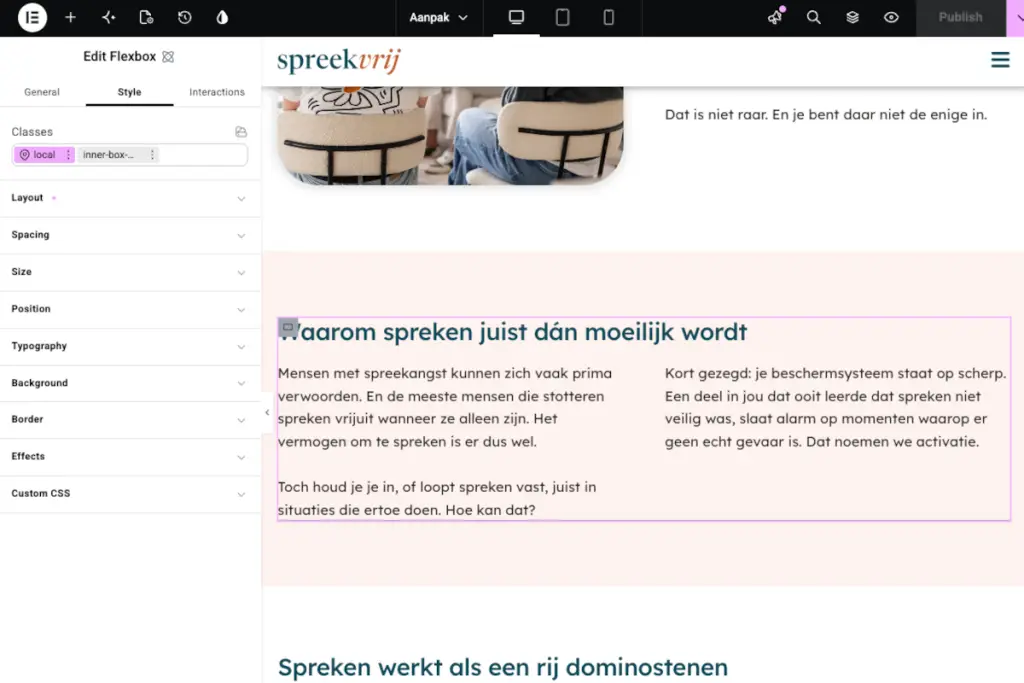 Een screenshot van de Elementor-backend met een pagina die is opgebouwd met Atomic Elements.