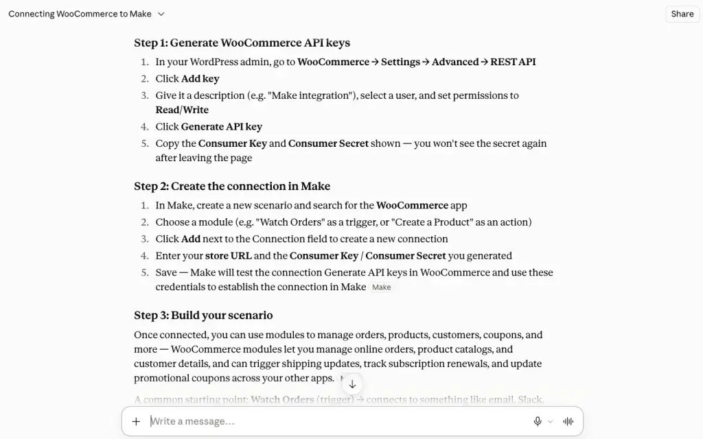 Een screenshot van een gesprek met Claude AI om te onderzoeken hoe tools zoals Make werken