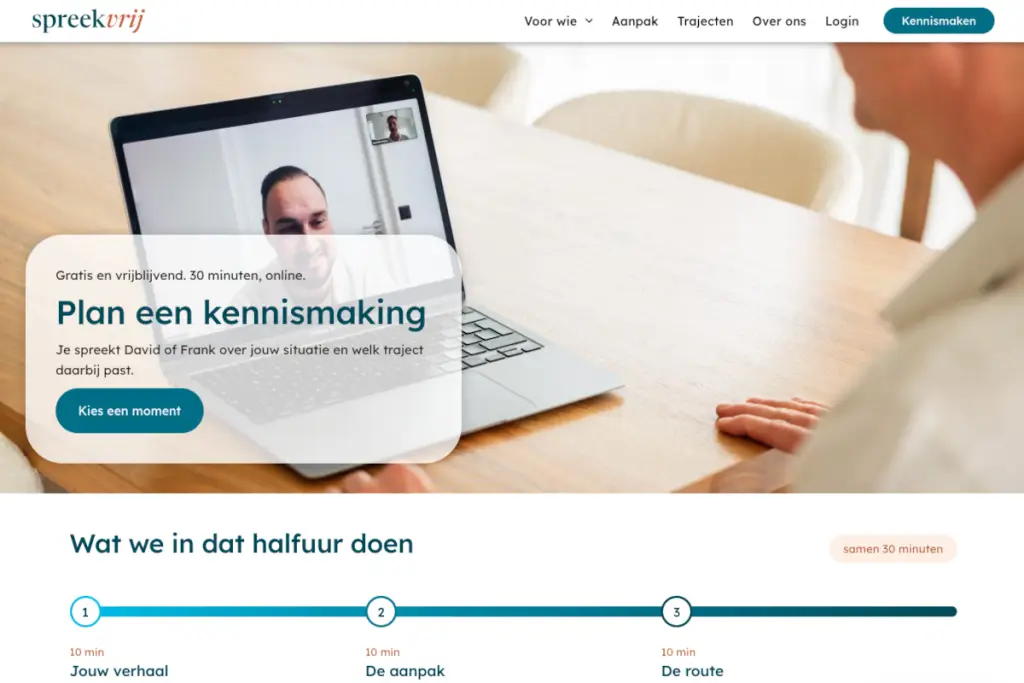 Een screenshot van de hero sectie van de spreekvrij contactpagina.