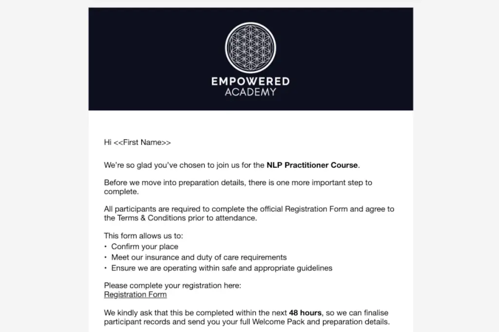 Een screenshot een email dat wordt verzonden na een aankoop van Empowered Academy