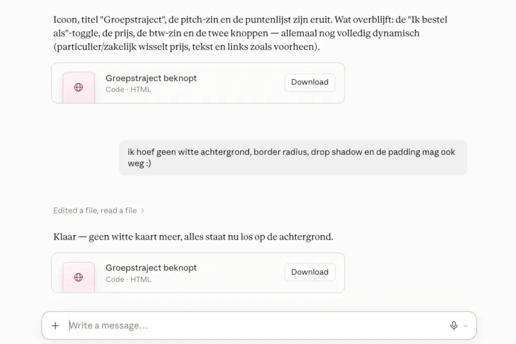 Een screenshot van een conversatie tussen een persoon en Claude AI.