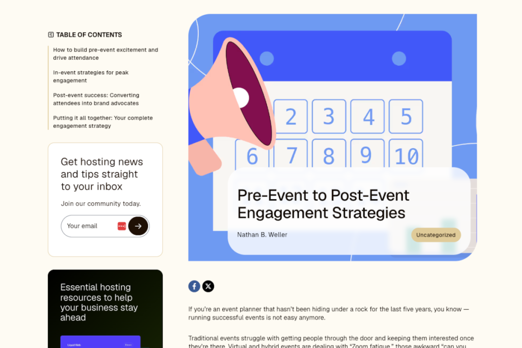 Een screenshot van een blog dat schrijft over pre-event and post-event strategieën.