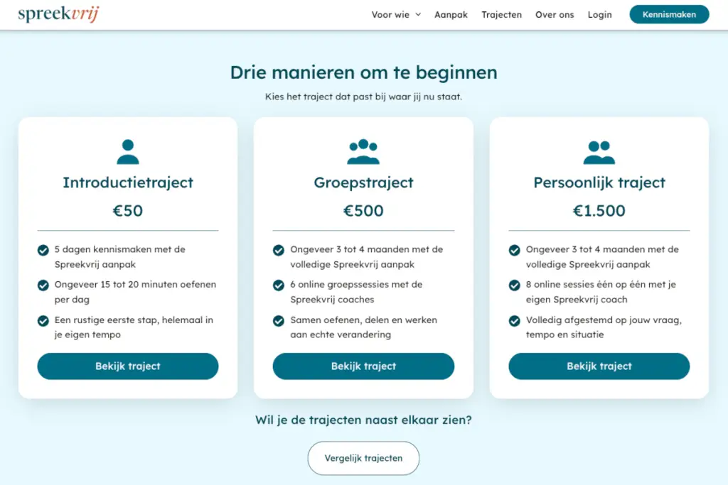 Een screenshot van de aangeboden pakketten van spreekvrij.nl