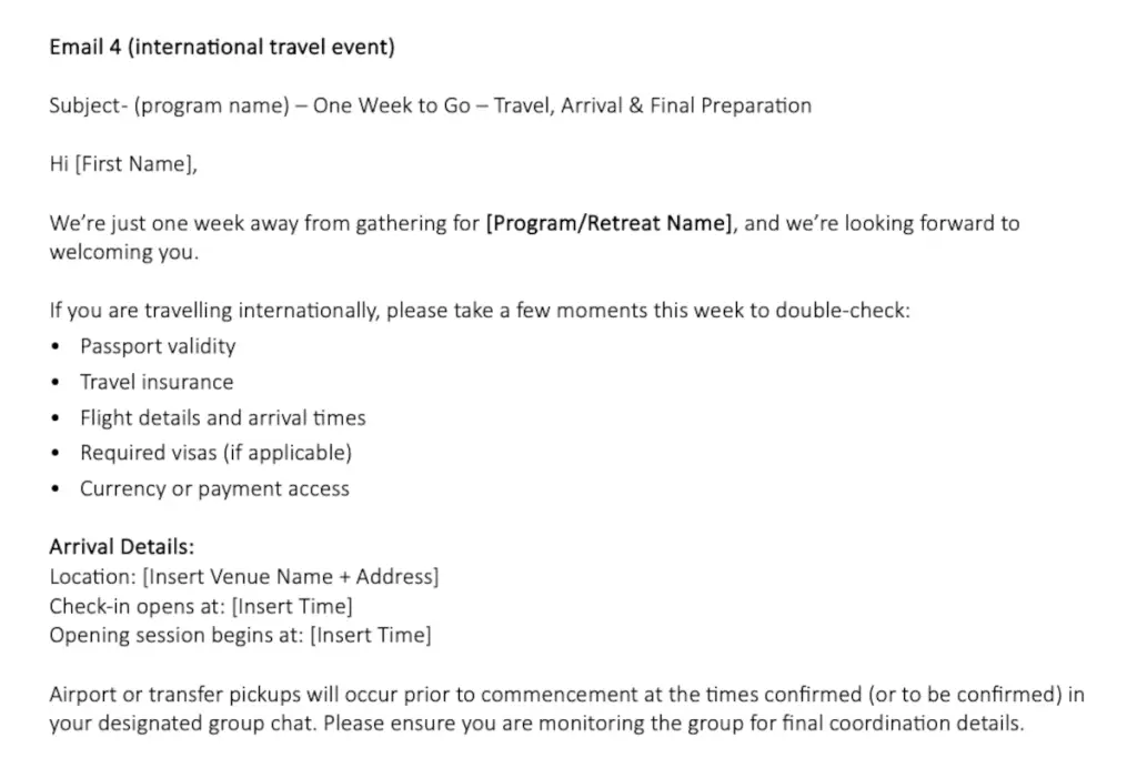 Een screenshot van een email concept voor een internationaal evenement